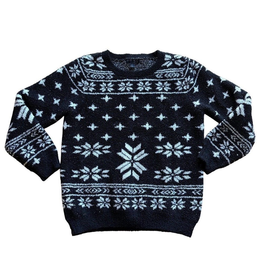 Barefoot‎ Dreams CozyChic Black Fair Isle Snowflake Crew Sweater Womens Medium